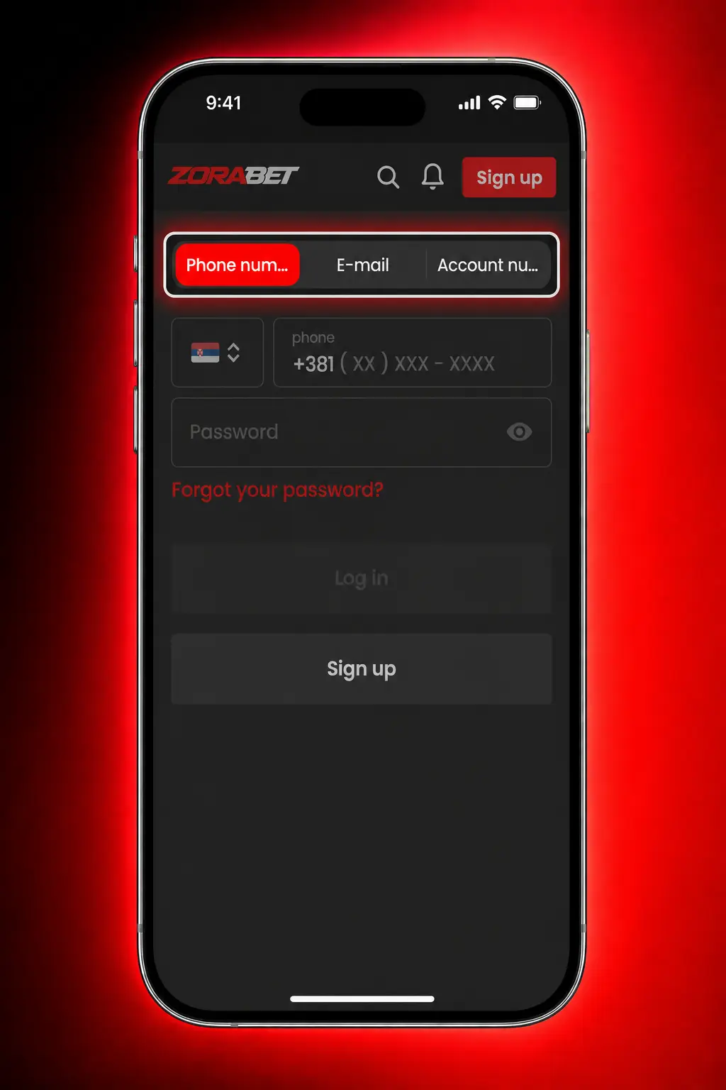 ZoraBet mobilna aplikacija na Android uređaju sa ekranom za prijavu na nalog