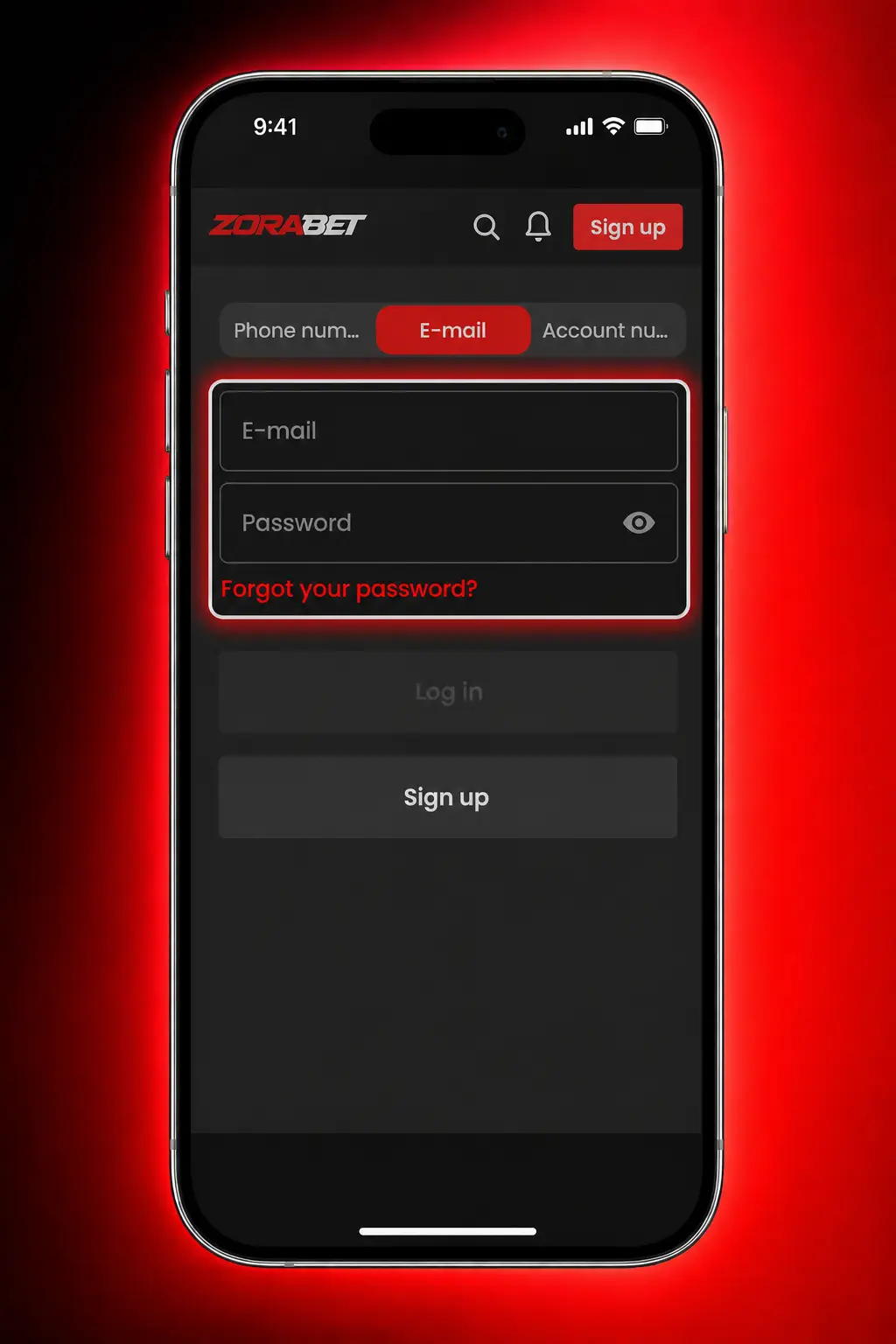 ZoraBet mobilna aplikacija na Android uređaju sa ekranom za prijavu na nalog